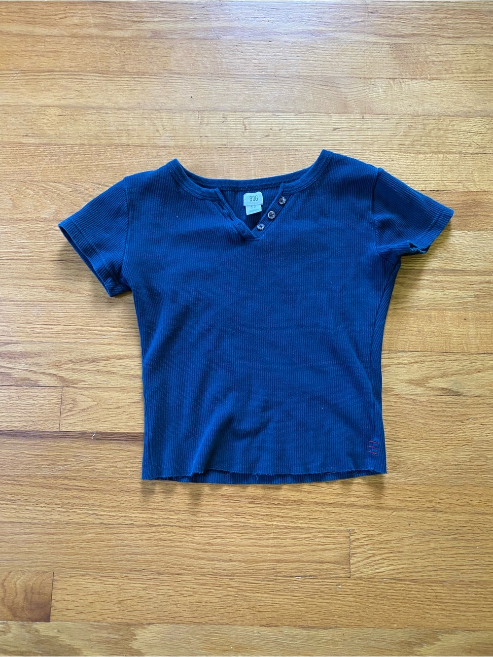BDG Navy Ribbed Short Sleeve Tee with Button V-Notch